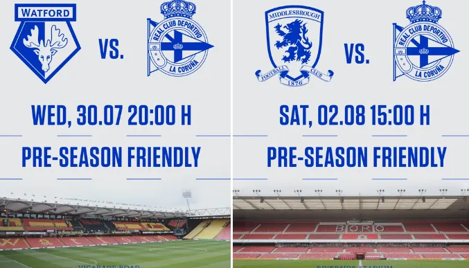 🔥 El Dépor se lanza al asalto inglés con dos pruebas de fuego ante Watford y Middlesbrough para arrancar un proyecto que quiere rugir desde el minuto uno 🇬🇧🛫