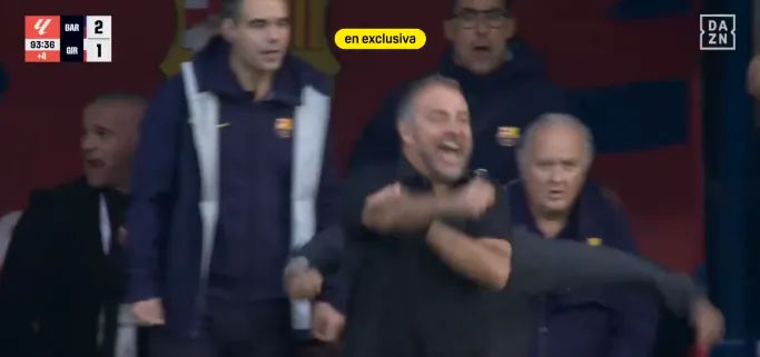 VIDEO |   😡🔥 ¡Flick pierde los papeles! El técnico del Barça enloquece tras el gol salvador de Araújo ante el Girona